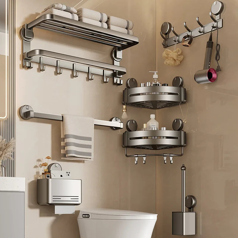 Wall-mounted Suction Cup Bathroom Towel Rack Gun Gray Aluminum Alloy