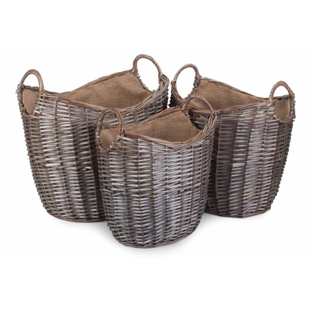 Scoop Neck Antique Wash Hessian Lined Wicker Log Basket