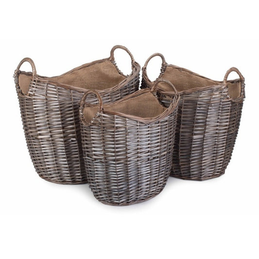 Scoop Neck Antique Wash Hessian Lined Wicker Log Basket