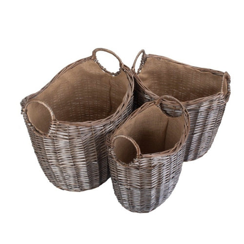 Scoop Neck Antique Wash Hessian Lined Wicker Log Basket