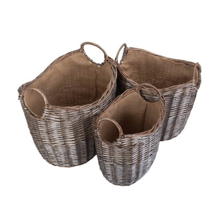 Scoop Neck Antique Wash Hessian Lined Wicker Log Basket