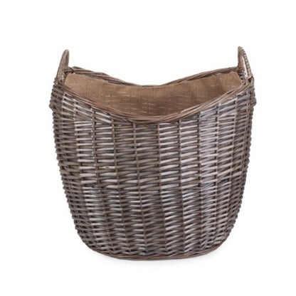 Scoop Neck Antique Wash Hessian Lined Wicker Log Basket