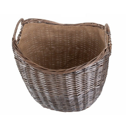 Scoop Neck Antique Wash Hessian Lined Wicker Log Basket
